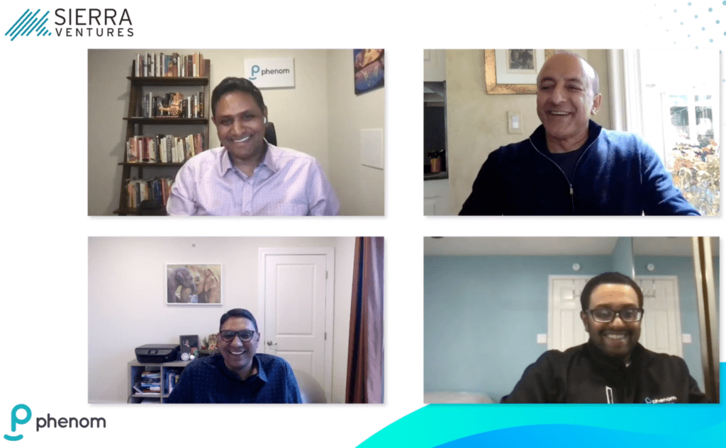 Screenshot from Fireside chat with Mahe Bayireddi and Hari Bayireddy from Phenom and Tim Guleri and Vignesh Ravikumar from Sierra Ventures