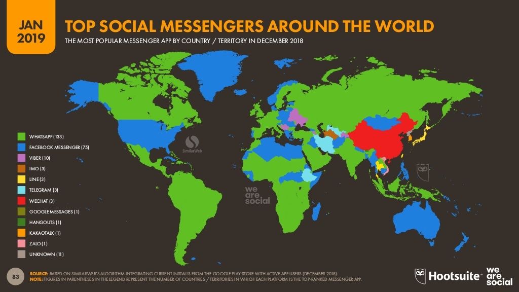 Map of the most popular messaging apps by country